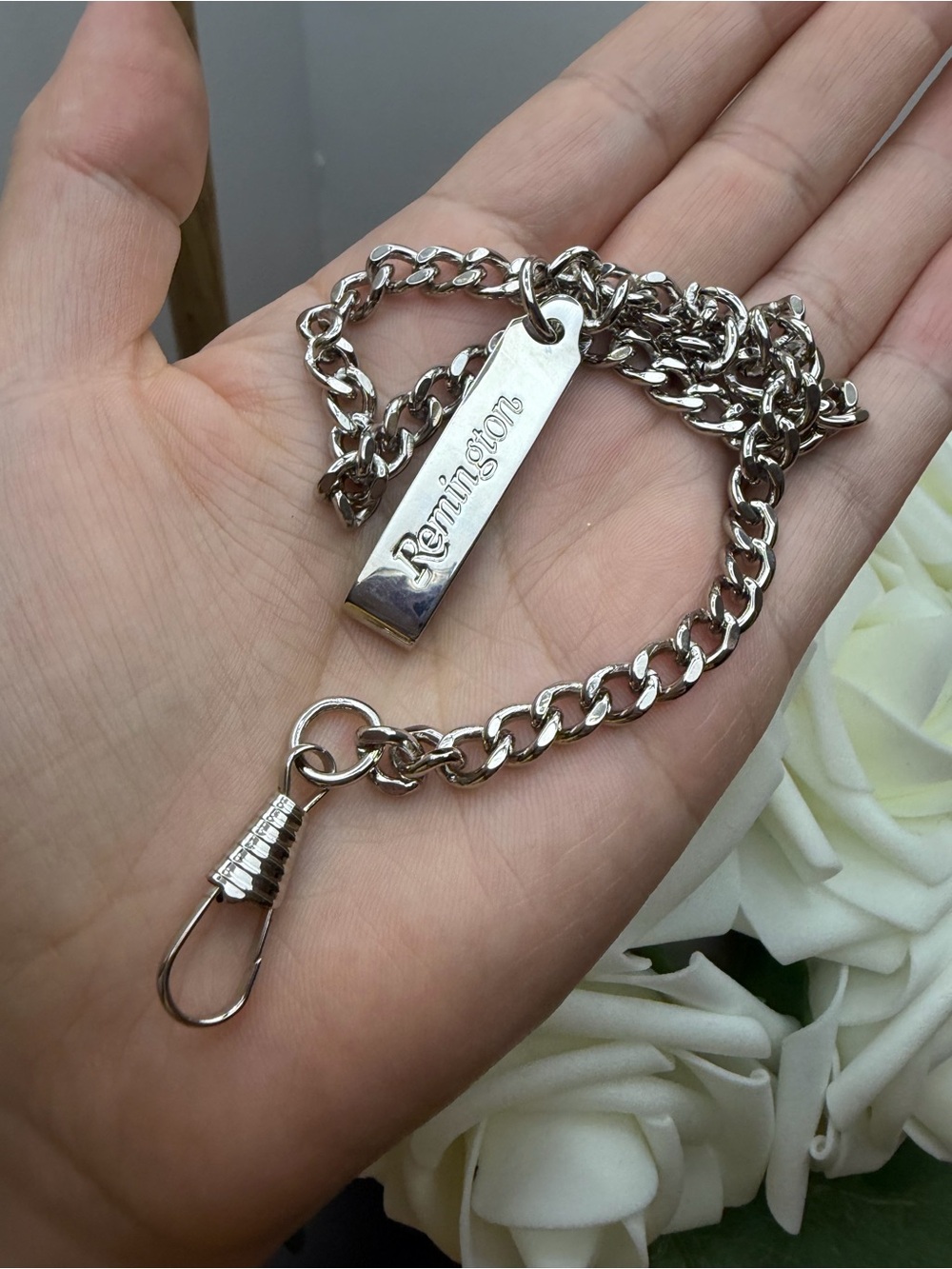 Remington Polished Silver Chain Keyring with Engraved Tag